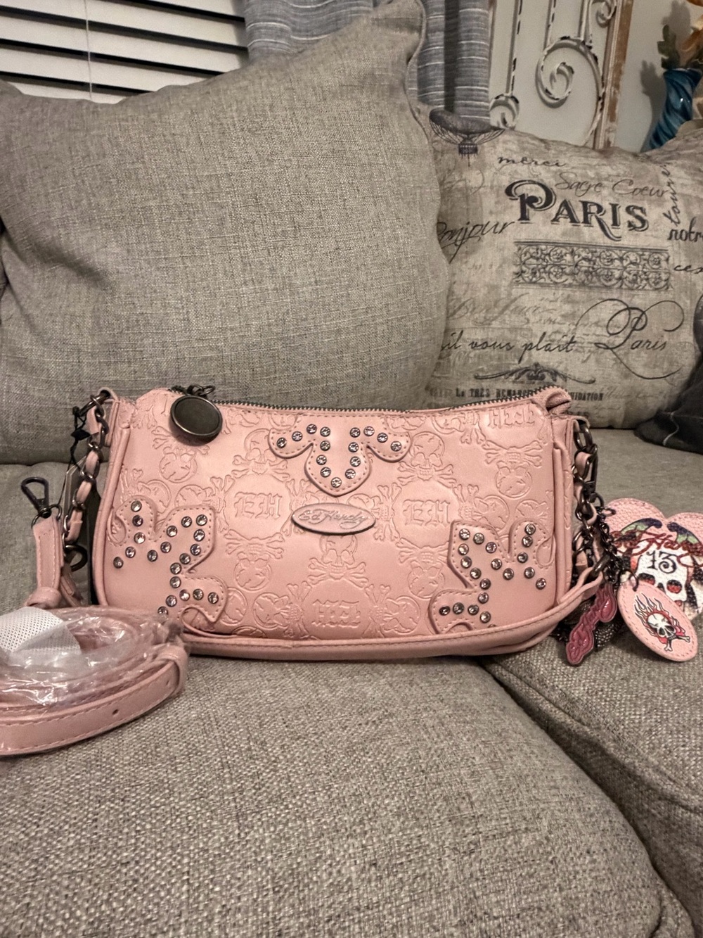 Ed Hardy Pink Rhinestone Crossbody with Charm Accents - Picture 2 of 5